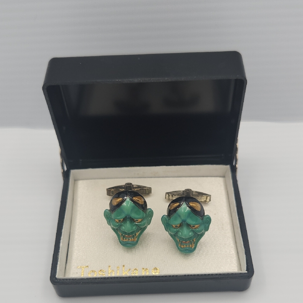 Toshikane sterling silver enamel porcelain Japanese cufflinks mint condition IOB
